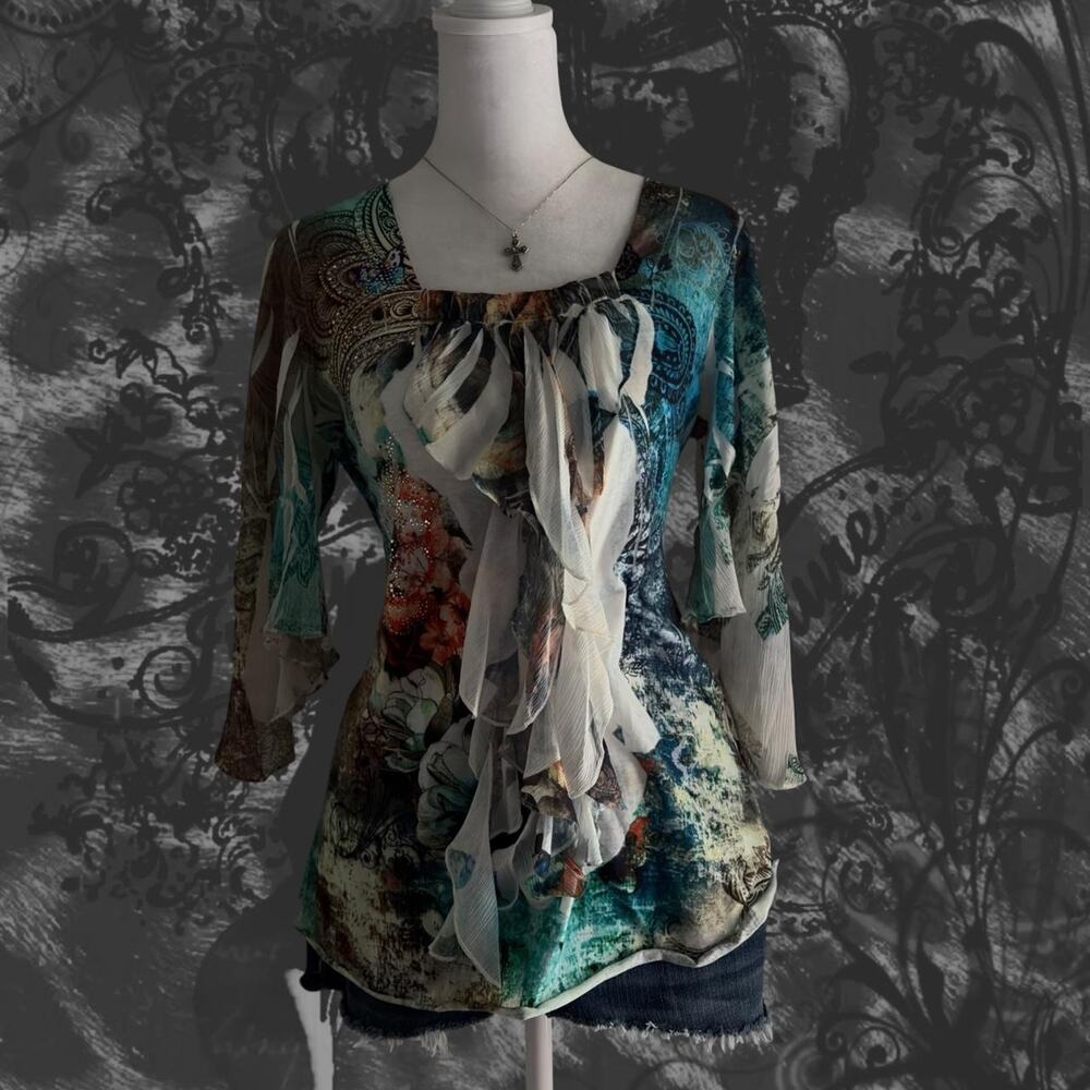 intricate unique embellished cool toned artistic floral butterfly fairy boho top